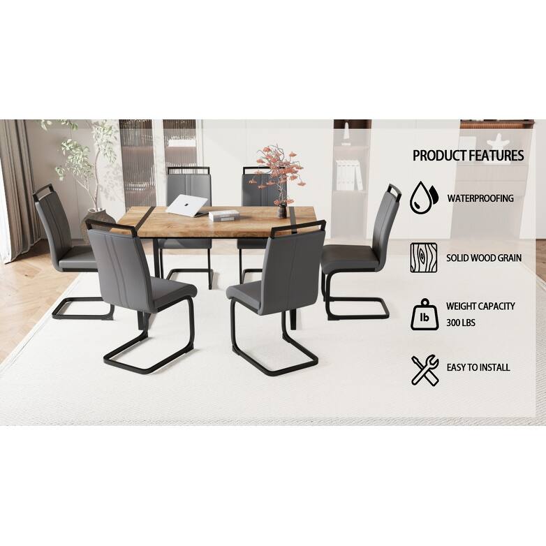 7-Piece Dining Table Set with Wood Grain Tabletop, Chair with C-shaped Bases, Ergonomically Curved Backrest
