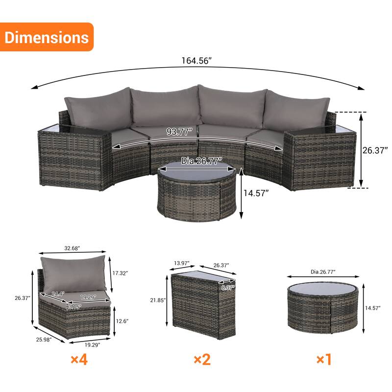7-Piece Outdoor Patio Half-Moon Sectional Sofa Set with Tempered Glass Coffee Table