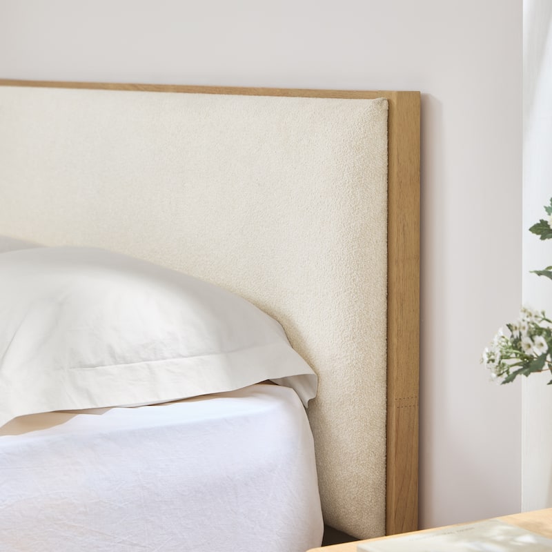 Spruce & Spring Modern Bouclé Platform Bed with Upholstered Headboard & Solid Wood Frame