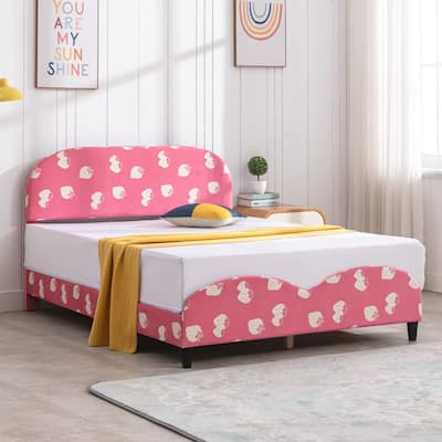 Kids Bed Frame with Headboard, Upholstered Platform Bed with Slatted Bed Base