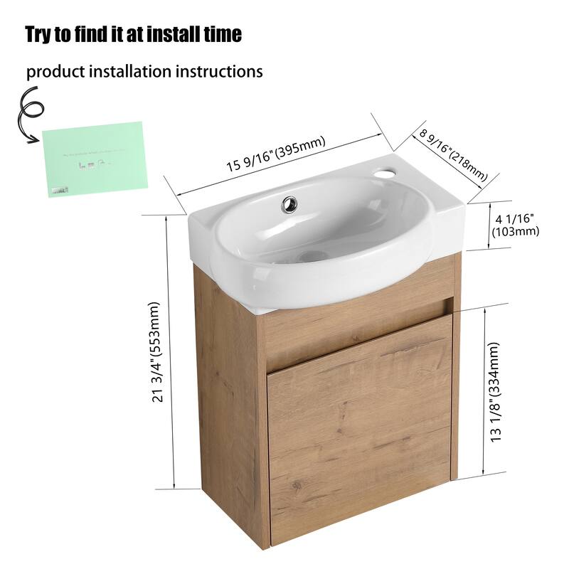 Malwee 16" Floating Bathroom Vanity, Mini Wall Mounted Bathroom Vanity with Ceramic Sink and Soft Close Door