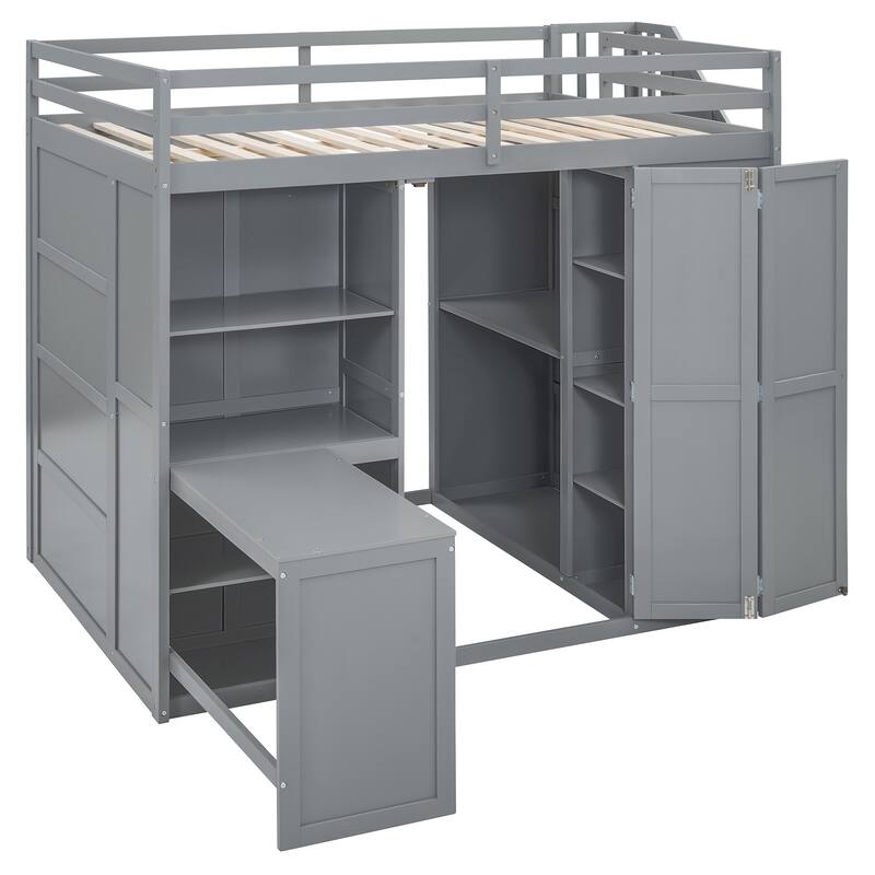 Full Size Bunk Bed with Wardrobe, Desk and Shelves for Kids, Boys and Girls, Bedroom