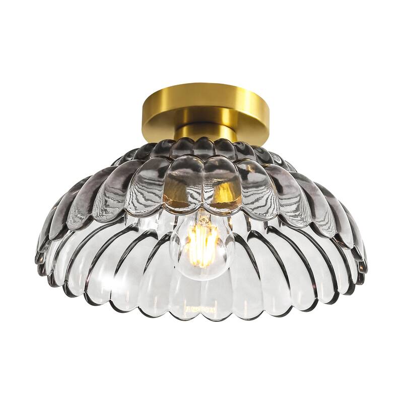 1-Light Vintage Brass Finish Metal Semi-Flush Mount Ceiling Light with Amber/Green/Grey/Clear Glass Shade for Kitchen, Hallway