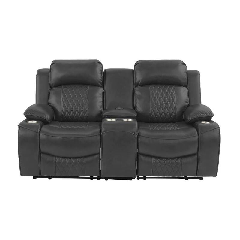 Contemporary Charcoal Gel Leatherette Power Motion Loveseat with Storage Arms and Cup Holder