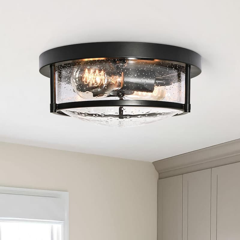 Matte Black 2-Light Seeded Glass Drum Flush Mount Ceiling Light