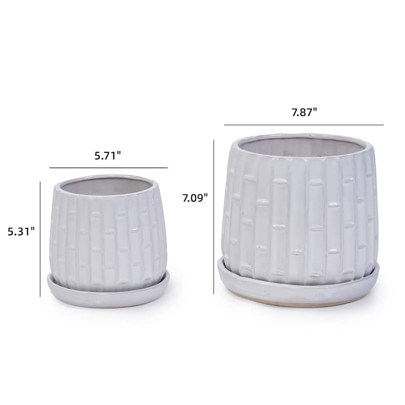 Set of 2 Handmade Ceramic Planters, Includes Saucers, Vertical Ribbed