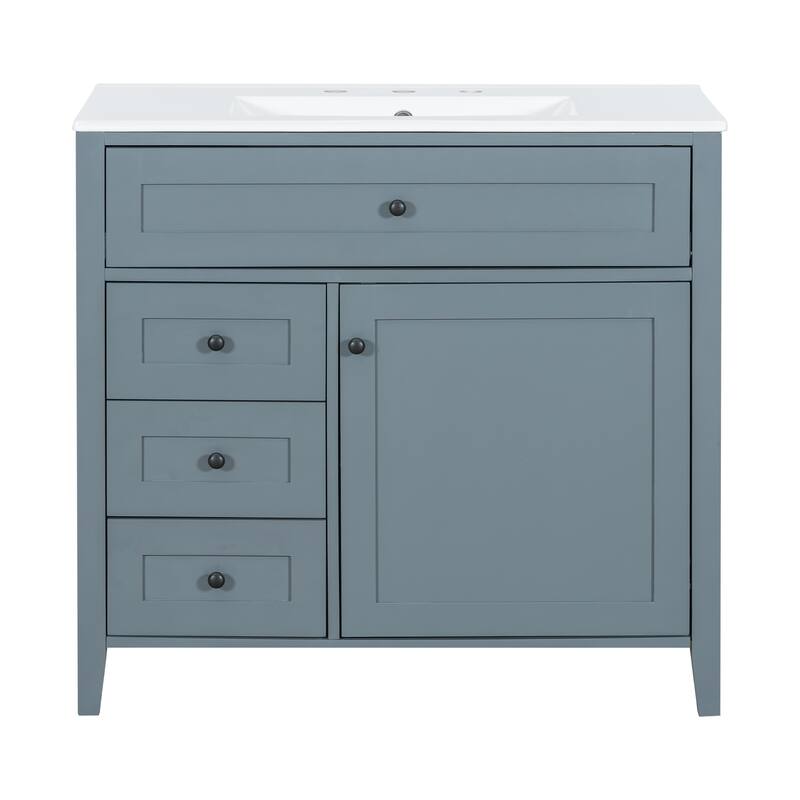 36-Inch Bathroom Vanity with Sink, Modern MDF and Rubberwood Cabinet with 3 Drawers and Adjustable Shelf, Freestanding Vanity