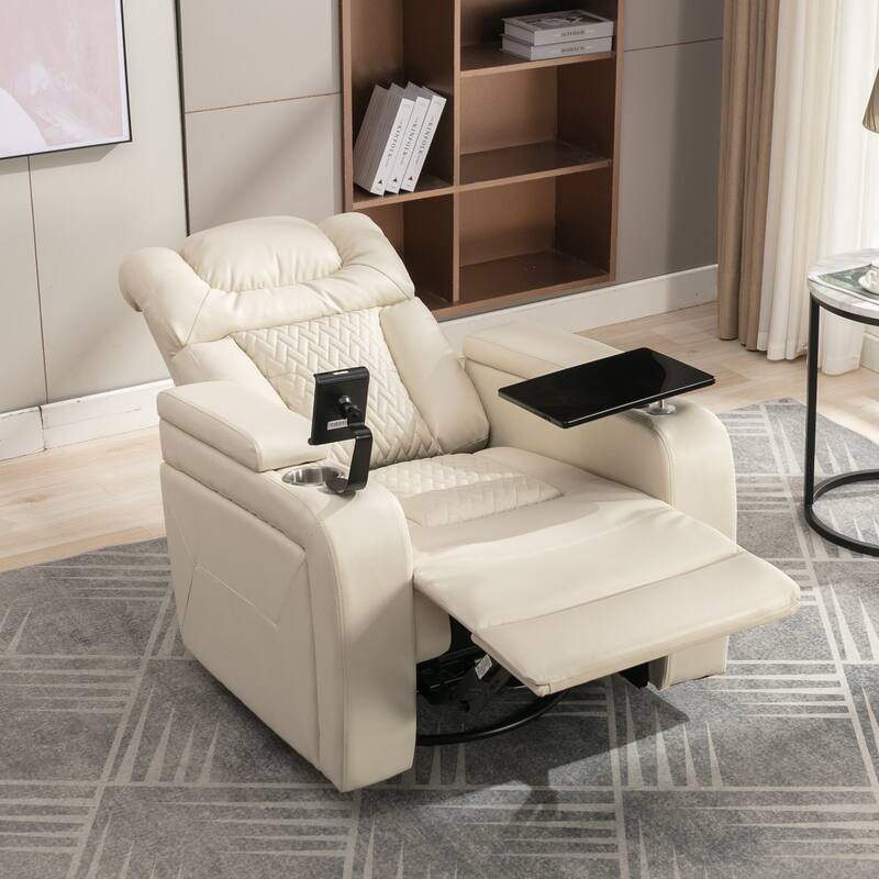 270 Degree Swivel PU Leather Power Recliner Individual Seat Home Theater Recliner with Comforable Backrest, Tray Table