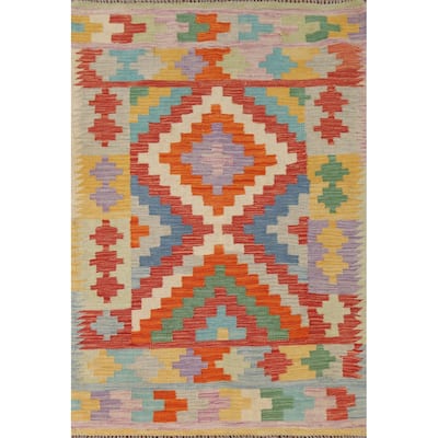 Geometric Reversible Kilim Oriental Accent Rug Flatweave Wool Carpet - 3'4"x 5'2"