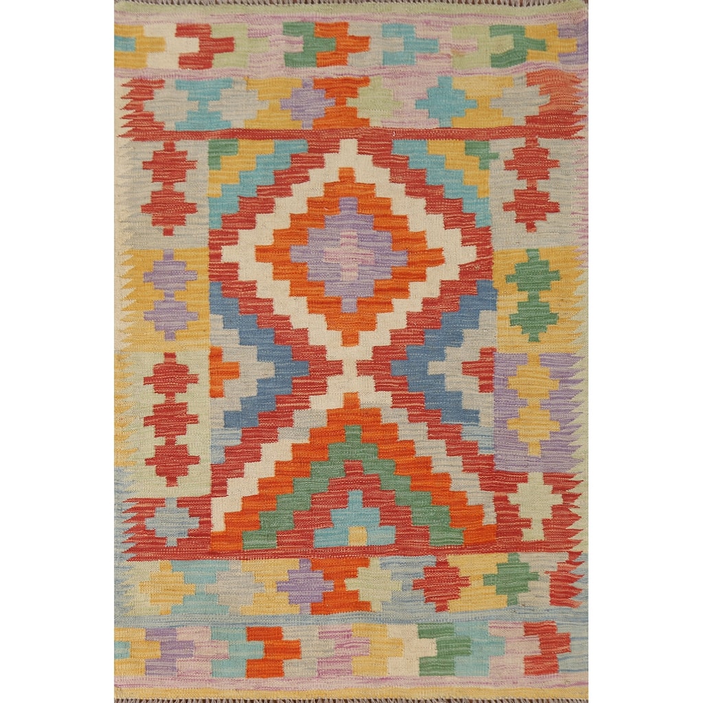 Geometric Reversible Kilim Oriental Accent Rug Flatweave Wool Carpet - 3'4"x 5'2"