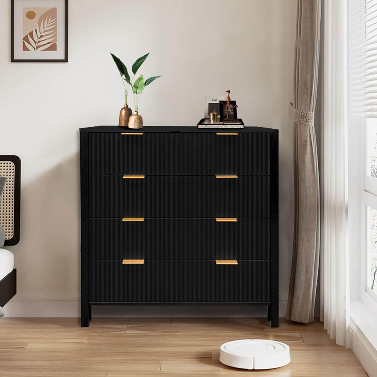 Fluted 4 Drawer Dresser for Bedroom, Mid-Century Modern Tall Chest of Drawers for Bedroom & Living Room