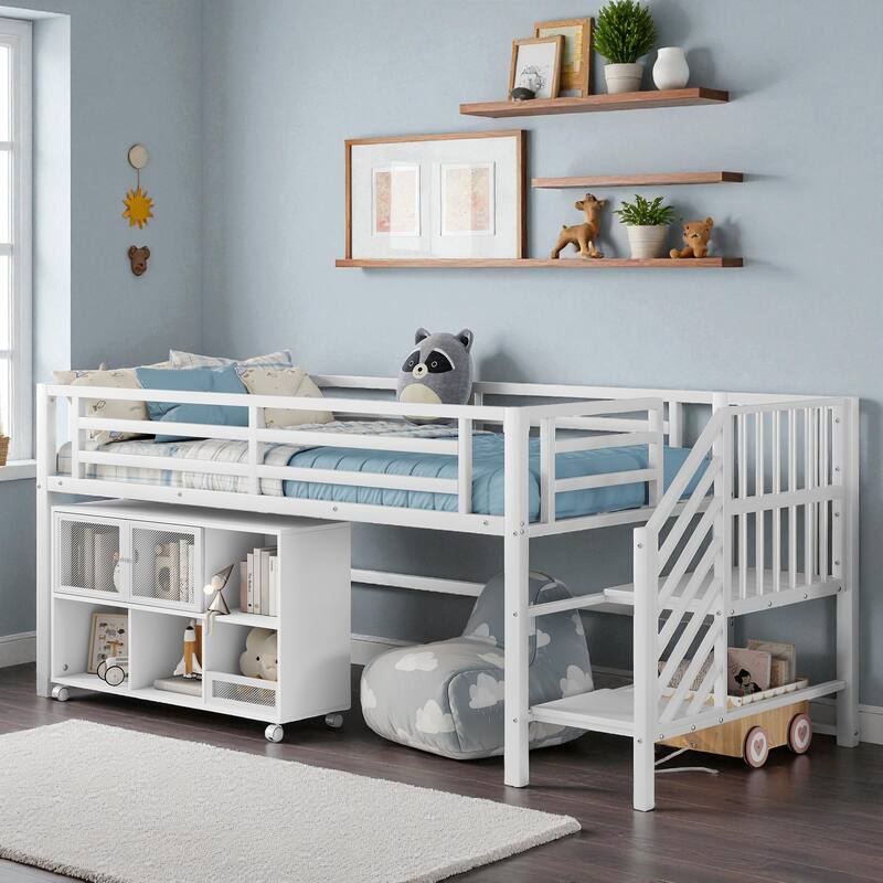 Low Twin Metal Loft Bed with Stairs and 6 Storage Cubbies, Space-Saving Kids Loft Bed Frame