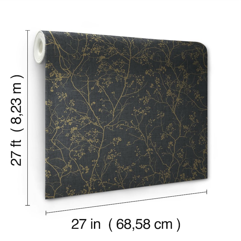 Grant Black/Gold Short Fiber Non-Woven Unpasted Botanical Luminous Branches Wallpaper Covers about 60.75 sq. ft.