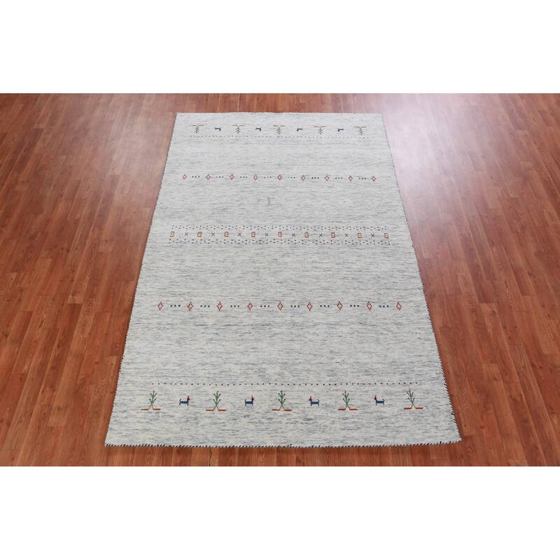 Hand Knotted Oriental 100% Wool Carpet Tribal Animal Pictorial Beige & Ivories Gabbeh Area Rug - 7' 11'' X 5' 2''