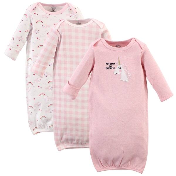 slide 1 of 1, Luvable Friends Baby Girl Cotton Long-Sleeve Gowns 3pk, Unicorn 0-6 Months - Unicorn