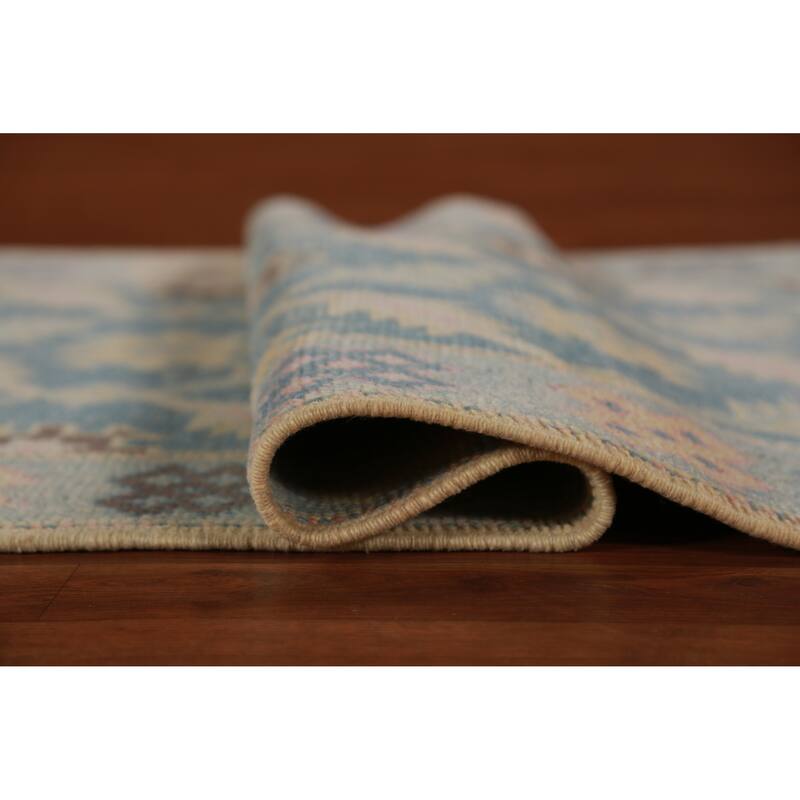 Hand Knotted Oriental 100% Wool Carpet Transitional Floral Navy Blue & Blues Oushak Runner Rug - 17' 2'' X 3' 1''