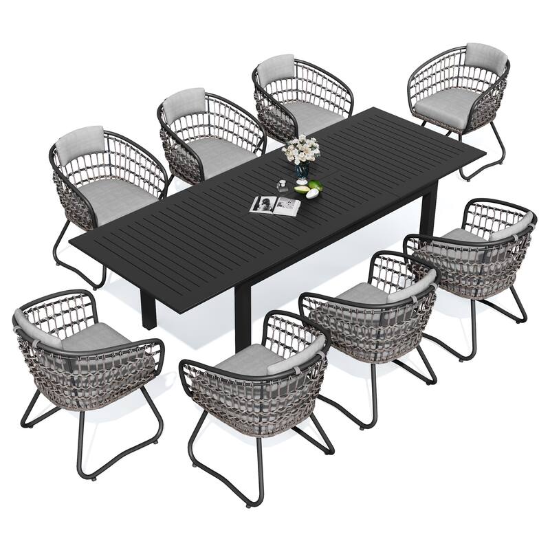 9PC Aluminum Extendable Patio Dining Sets Table Outdoor Rectangular with Rattan Chair