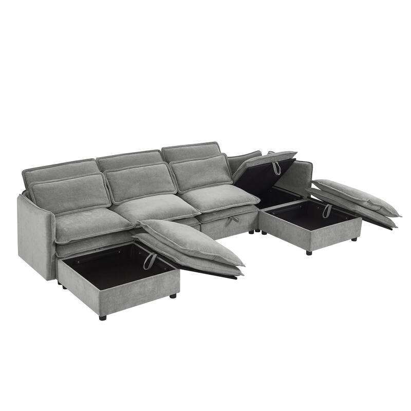 124.4" Polyester U-Shaped Modular Sleeper Sofa with Storage & Double-Layer Cushions