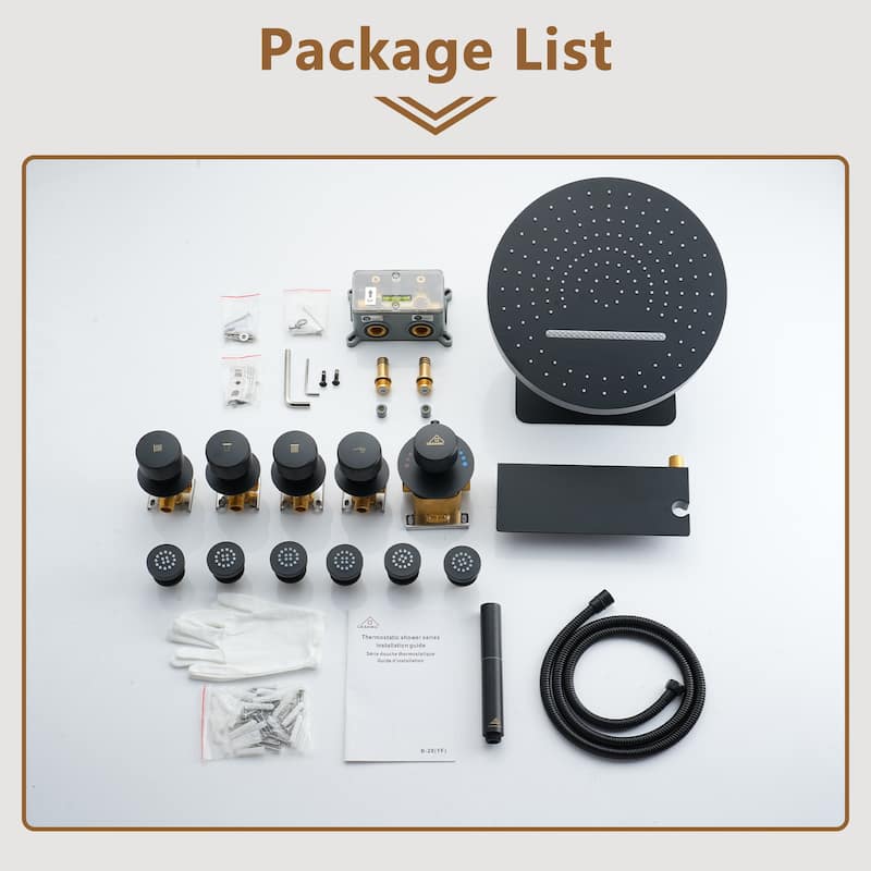 CASAINC Thermostatic 4 Functions 12 inch Rainfall Showerhead with Handheld Spray & 6 Body Jets Set Rain Shower System