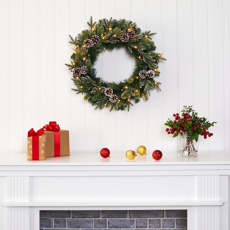 24" Snowed Pinecone Christmas Wreath with 35 Clear LED Lights