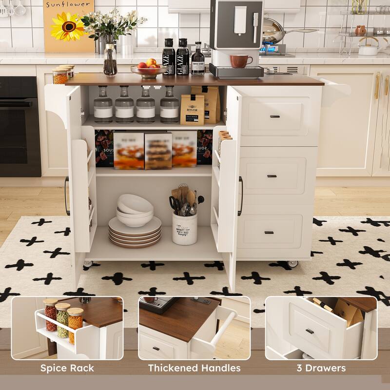 Kitchen Island Cart with Foldable Tabletop & Drop Leaf - Mobile Breakfast Bar on Wheels with Wood Top and Storage