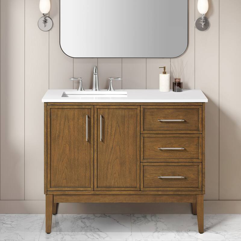 Kira Warm Walnut Bathroom Vanity with White Engineered Stone Top