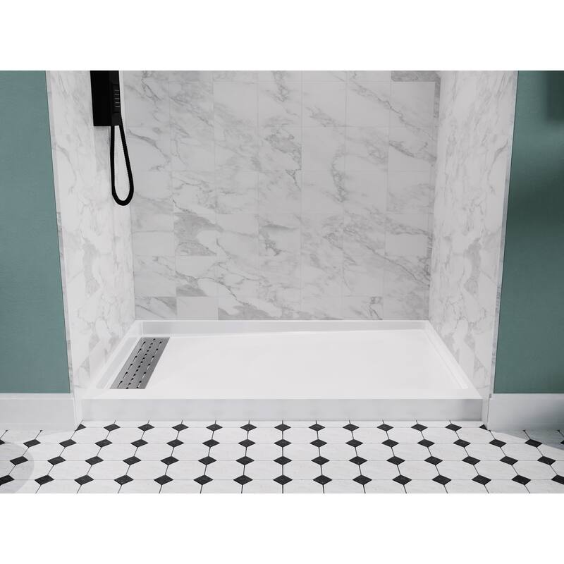 Alexander 60 in. L x 36 in. W Alcove Shower Pan Base with Left Drain in Glossy White Marine Acrylic