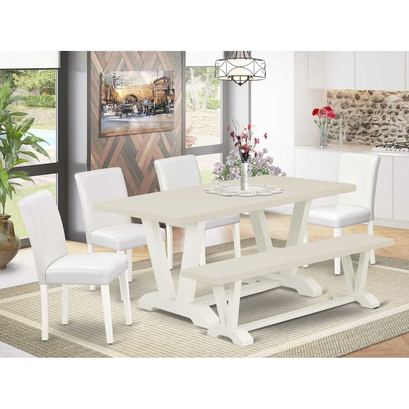 HomeStock 6-Pc Natural Oak Finish Solid Wood Top dining Table with 1-Bench and 4-Chairs