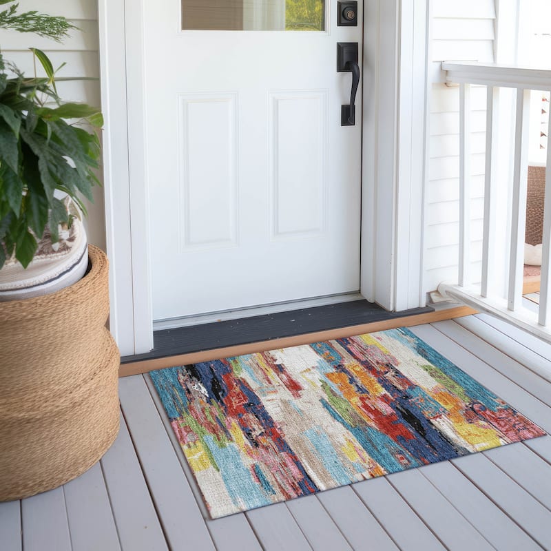 Machine Washable Indoor/ Outdoor Abstract Contemporary Chantille Rug - Denim - 1'8" x 2'6"