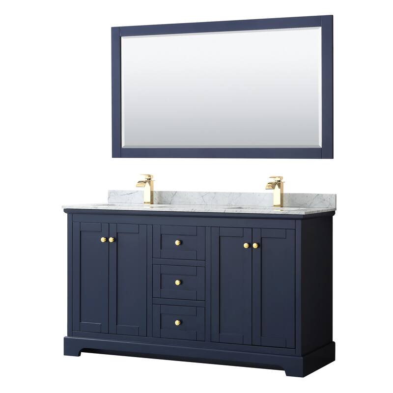 Wyndham Collection Avery 60" Free Standing Double Basin Vanity Set - Dark Blue / White Carrara Marble Top / Brushed - Painted