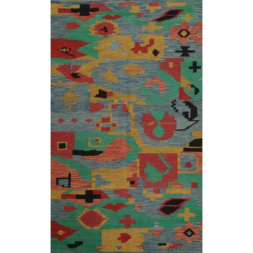 Hand Woven Oriental 100% Wool Carpet Southwestern Modern Navy Blue & Blues Kilim Area Rug - 7' 9'' X 4' 11''