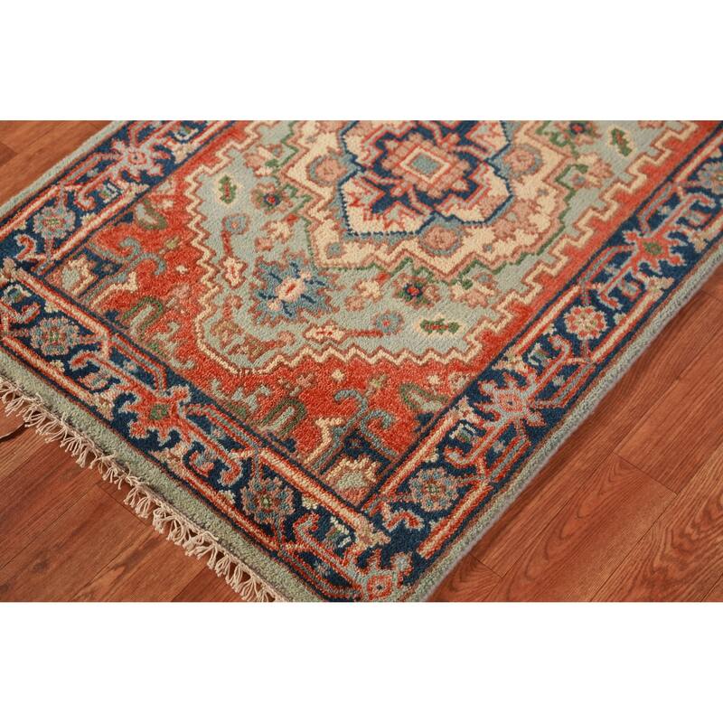 Light Green Heriz Serapi Oriental Runner Rug Handmade Wool Carpet - 2'6" x 7'10"