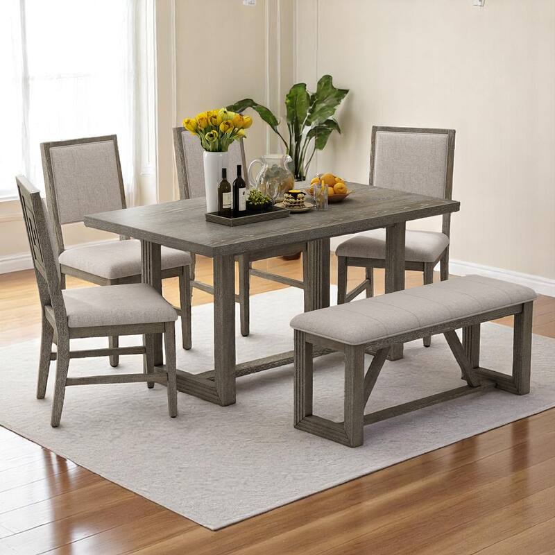 6-Piece Dining Table Set for 6, 60" Wooden Kitchen Table with 4 Chairs & Bench - Rubberwood Frame for Dining Room & Kitchen