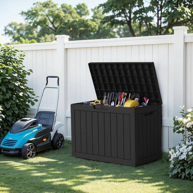 45 Gallon Outdoor Storage Box Waterproof, Lockable Resin Deck Boxes for Garden Tools Equipment and Cushions, Black