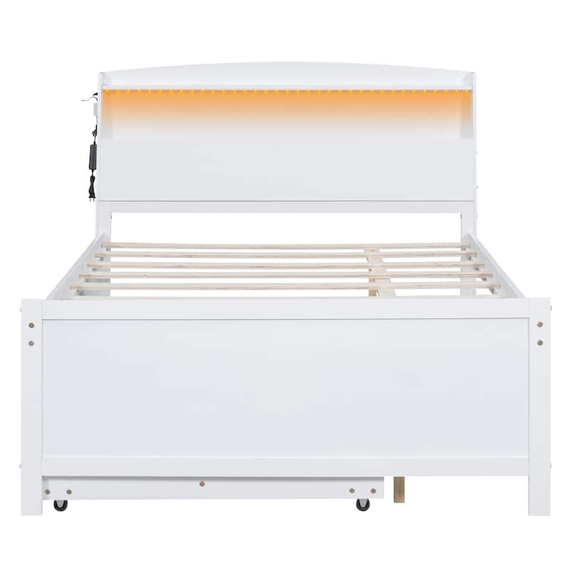Full Size Platform Bed with Storage LED Headboard, Twin Size Trundle and 3 Drawers