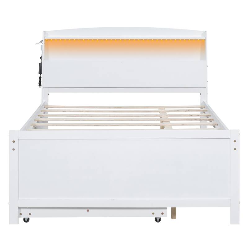 White Full Size Storage Platform Bed with LED Headboard, Twin Trundle and 3 Drawers