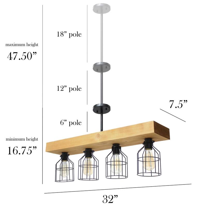 Pendant Light - 4 Light Cage Shade with Wood & Matte Black - Farmhouse Lighting - 47