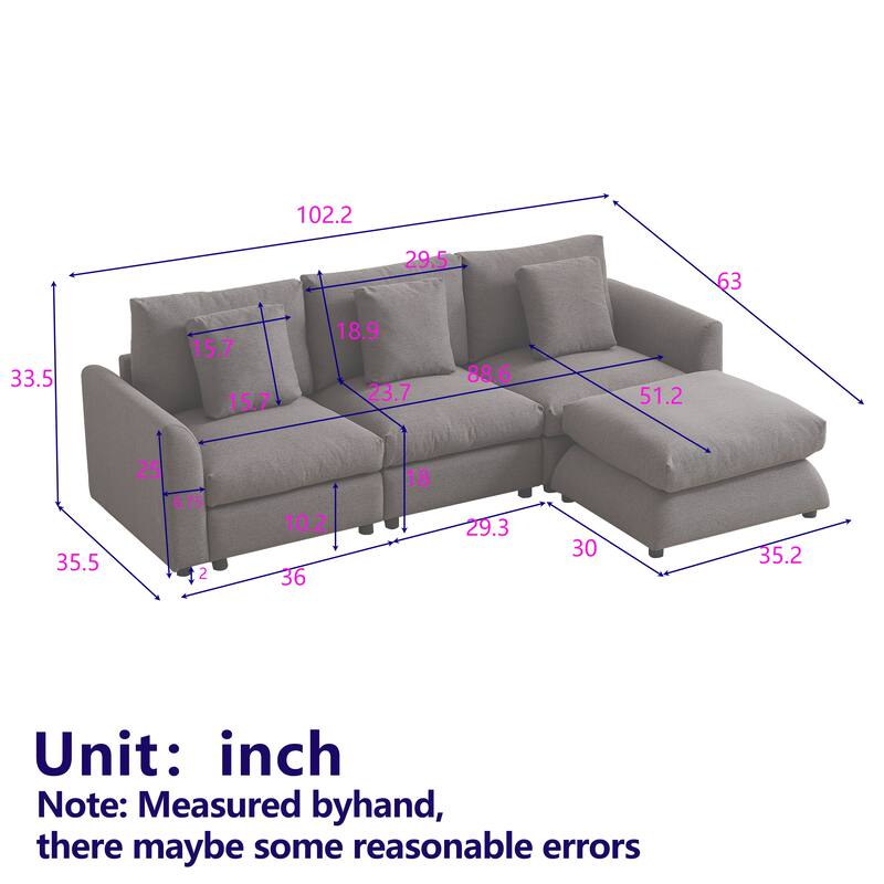 102.2" Fabric L-Shaped Modular Sleeper Sectional Sofa with Ottoman