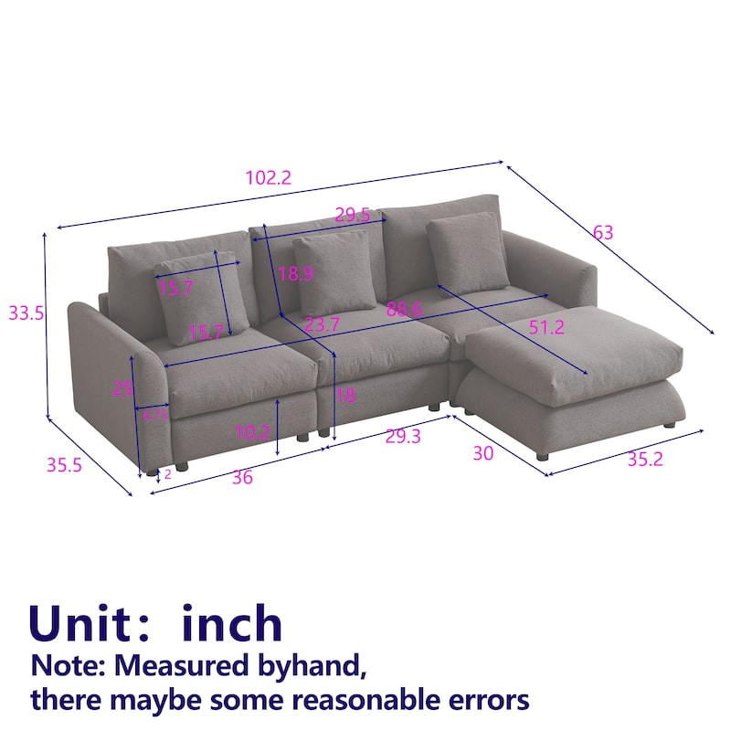 102.2" Fabric L-Shaped Modular Sofa with Ottoman, 3 Cushions & 3 Pillows - Convertible Sleeper Sofa