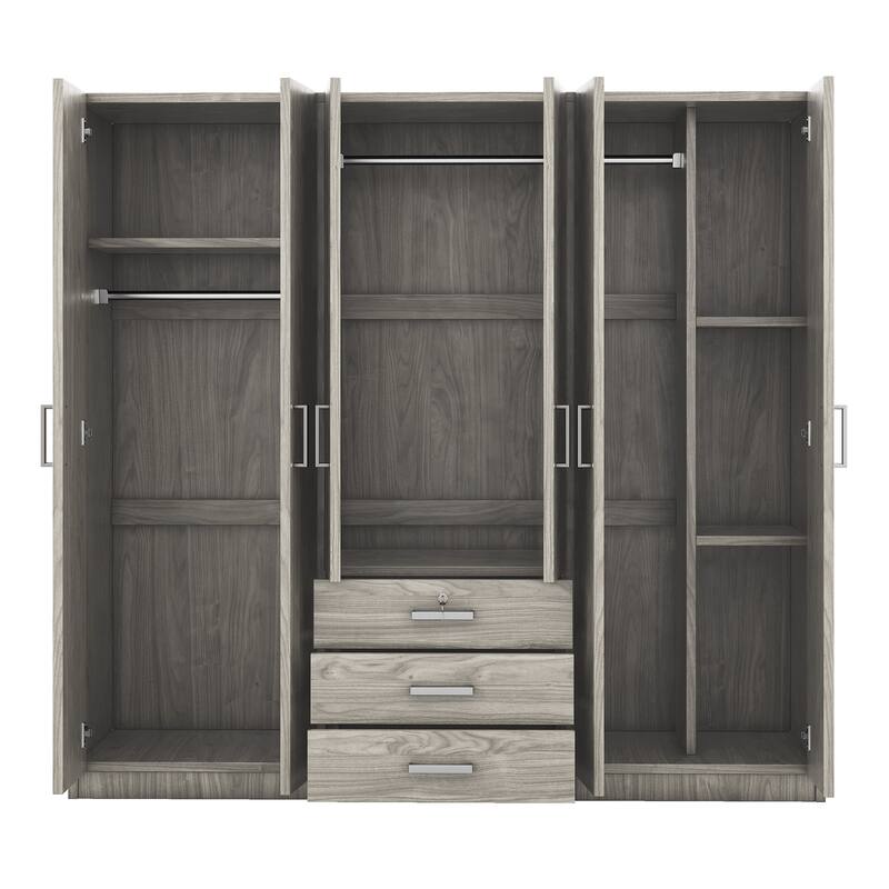 6-Doors Wardrobe Armoire with 3 Drawer, Shelves and Hanging Rail, Gray