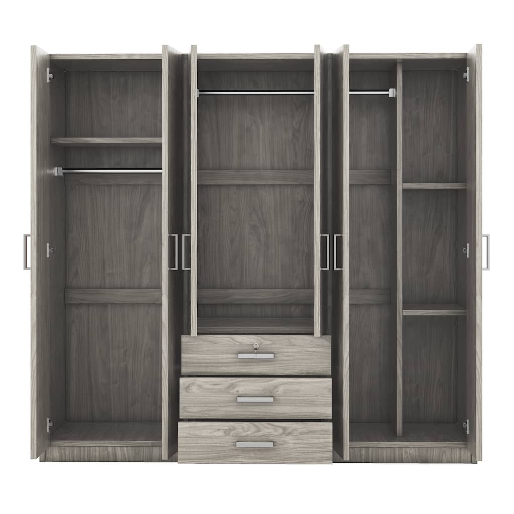 Gray Wardrobe Versatile Storage Cabinet with Drawers, 6-Doors Bedroom Clothing Storage Cabinet Organizer