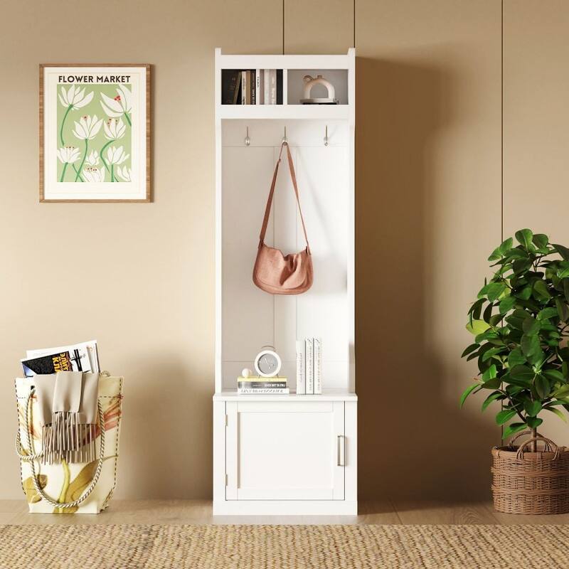Minimalist Slim Hall Tree with Cabinet & 6 Hanging Hooks