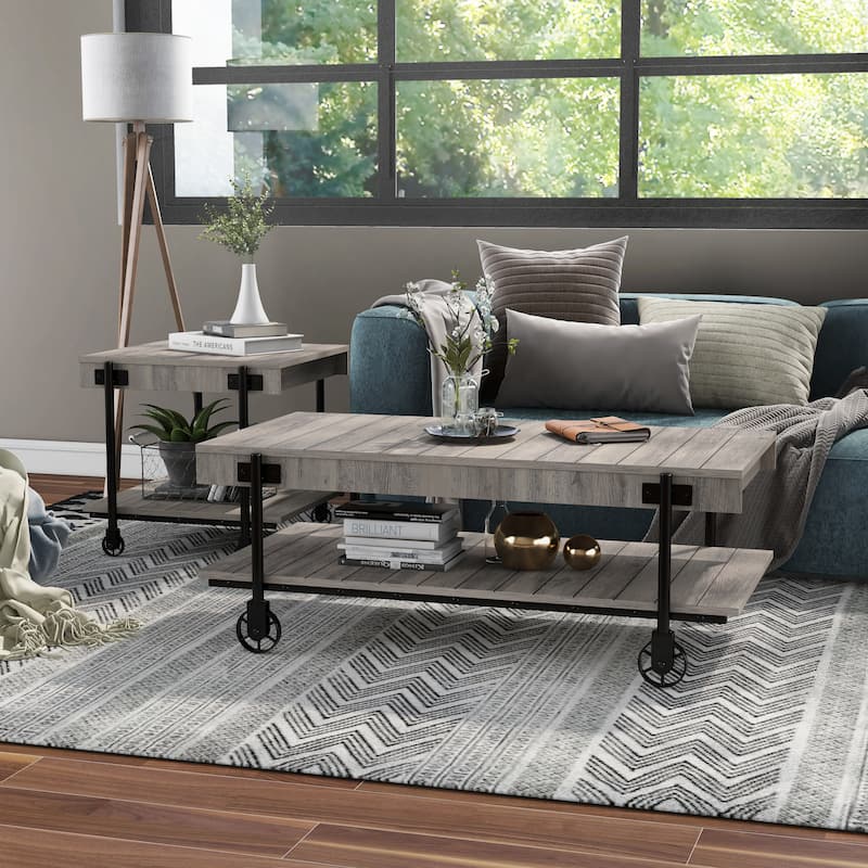 Hyssop Farmhouse Steel 2-Piece Coffee Table Set with Shelf by Furniture of America - Natural Tone
