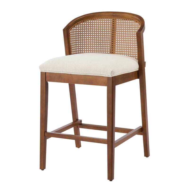 Roomfitters Tatti Indoor Wooden Counter Stools with Rattan Back and Beige Upholstery, Set of 2 - Set of 2