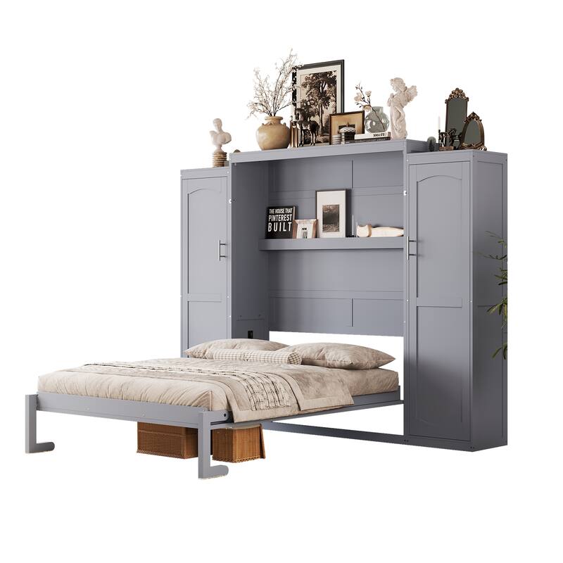 Space-Saving Full Size Murphy Bed with 2 Wardrobes & Storage Shelf, Foldable Platform Bedframe for Guest Rooms