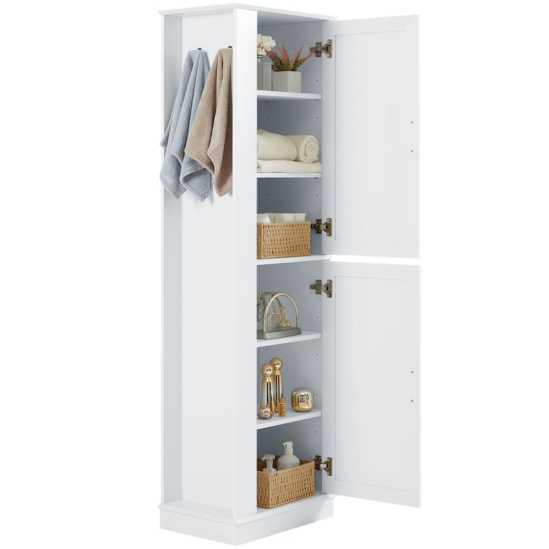 GDFStudio - Arden Tall Freestanding Bathroom Storage Cabinet with Hooks and Adjustable Shelves