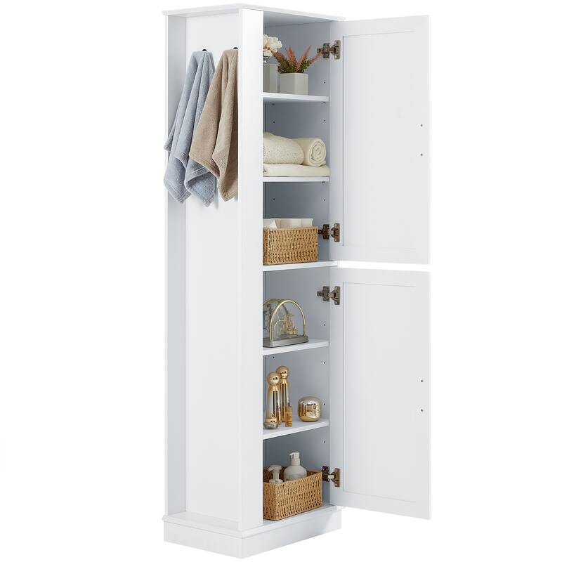 Tall Bathroom Storage Cabinet, Freestanding Storage Cabinet with Hook and Adjustable Shelf, MDF Board