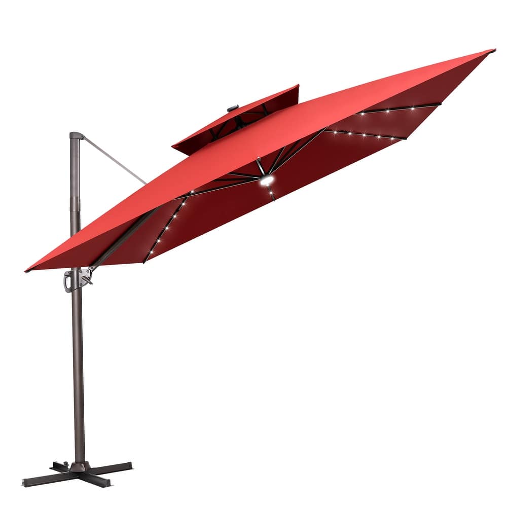VredHom Solar LED Light 11FT Aluminum Square Outdoor Cantilever Patio Umbrella without Base