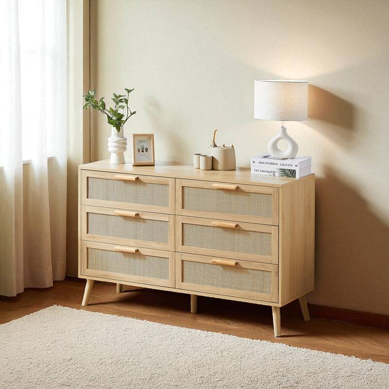 Natural 6 Drawer Dresser with Rattan Fronts, Wooden Double Chest of Drawers Storage Cabinet for Bedroom and Hallway