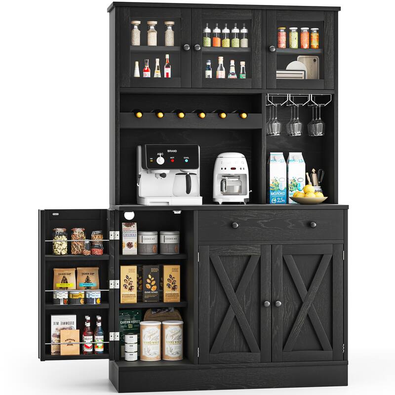 Moasis 71''H Kitchen Pantry Storage Cabinet with Power Outlet Tall Cabinet with Doors Shelves & Drawer Buffet Cabinet - Black